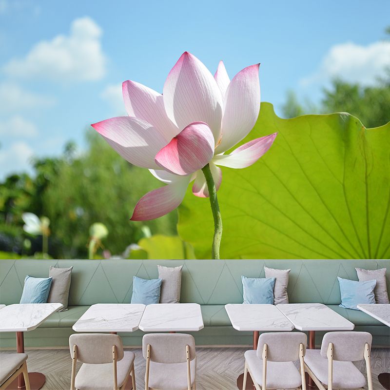 Pink Lotus Blossoming Moisture Resistant Wall Covering for Girls' Bedroom