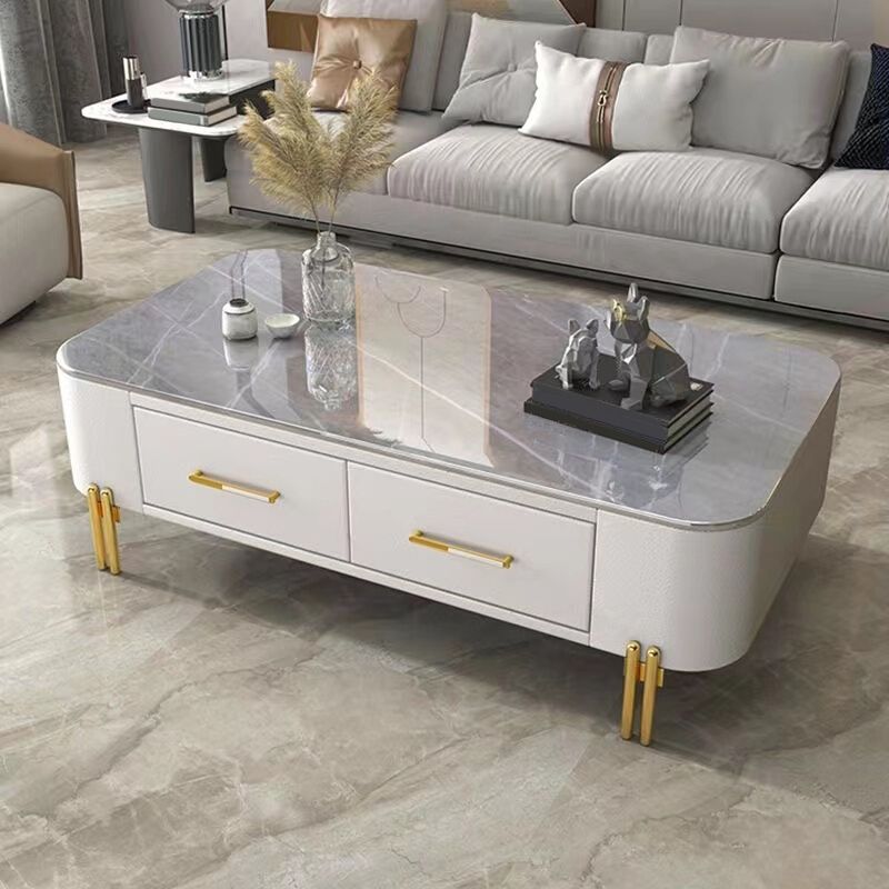 Rectangular Slate Top Coffee Table 4 Legs Cocktail Table with 2 Drawers
