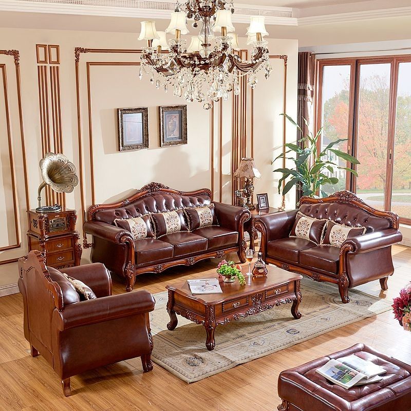 Genuine Leather Tufted Back Sofa Leather Round Arm Sofa in Brown