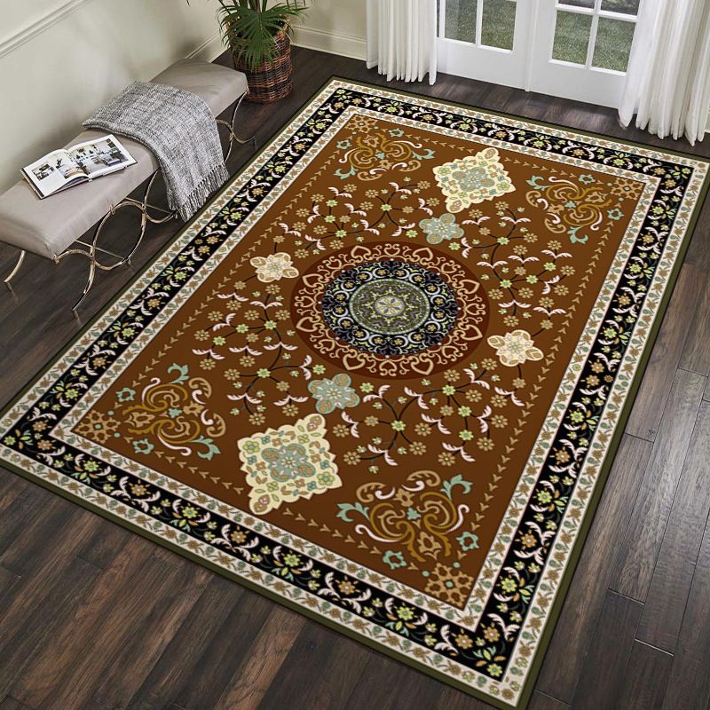 Dark Brown Bohemia Rug Polyester Graphic Rug Stain Resistant Rug for Living Room