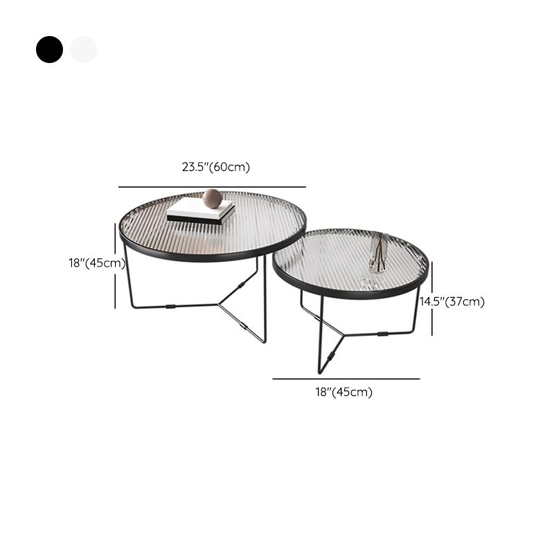 Contemporary Round Glass Top Metal Cross Legs Nesting Coffee Table