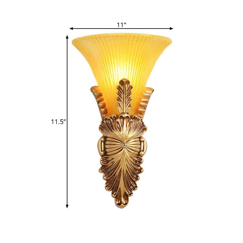 Amber Glass Gold Wall Lighting Flared Single Bulb Colonialism Sconce Light Fixture for Hallway