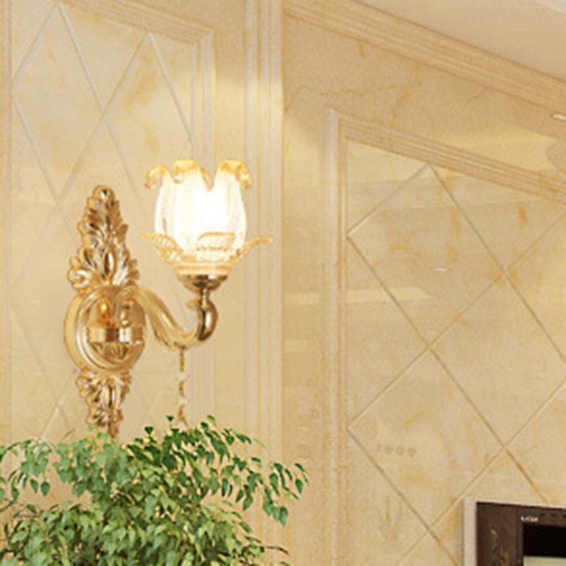 Retro Style Flower Wall Lamp Glass Wall Light Fixture with Crystal Draping in Gold