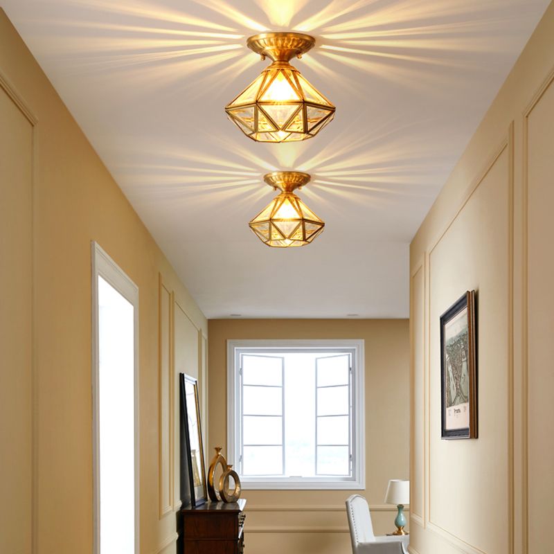 Brass Shaded Semi Flush Ceiling Light Vintage Glass Aisle Ceiling Mounted Light