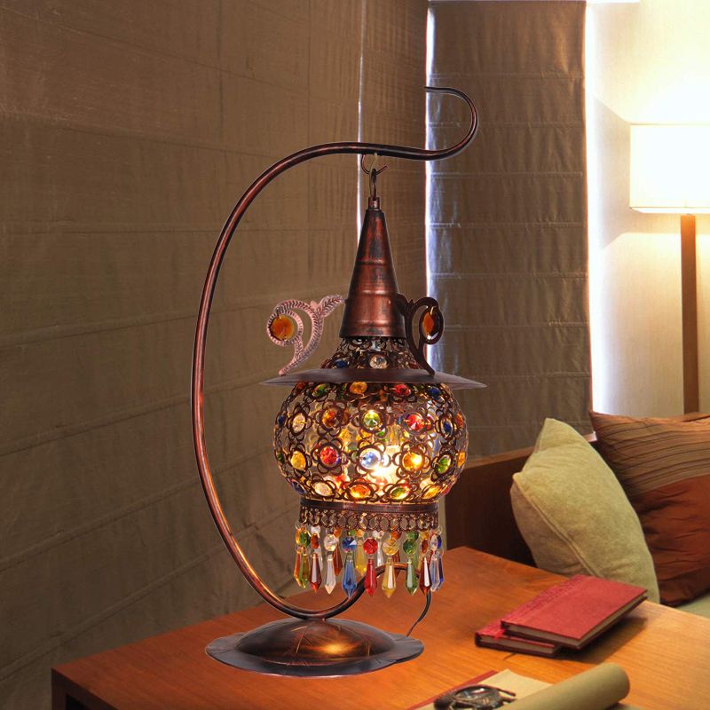 Rust Lantern Nightstand Light Bohemian Metal 1 Light Living Room Night Table Lighting with Curvy Arm