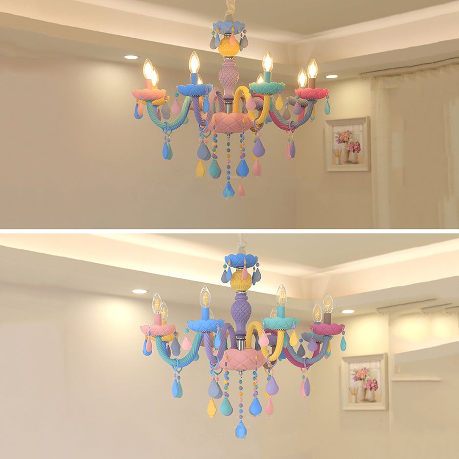 Girl Bedroom Candle Pendant Light Multi-Color Glass Macaron Chandelier