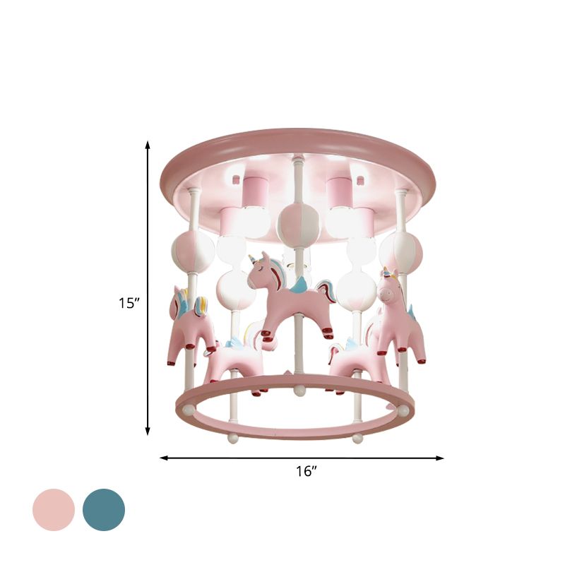 Cartoon Unicorn Flush Mount Light with Carrousel Design Resin 6 Bulbs Kid Room Flush Lamp in Blue/Pink