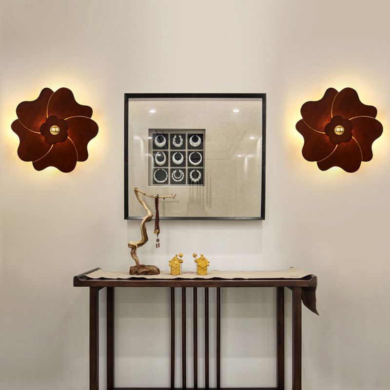 Flower Shape Wooden Sconce Light Chinese Style Wall Lighting Ideas for Bedroom Tearoom