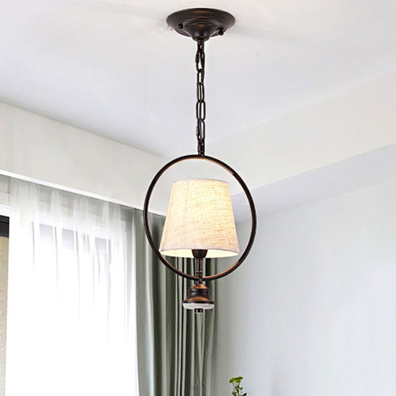Black 1 Light Pendant Lighting Fixture Traditional Fabric Trapezoid Hanging Ceiling Light with Iron Ring