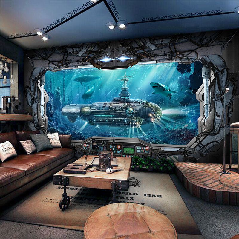 Undersea Mural Wallpaper in Dark Blue, Modern Wall Covering for Theme Restaurant