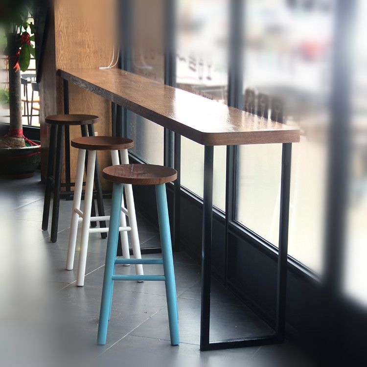 Light Brown Modern Style Bar Table Solid Wood Bar Table with Metal Base