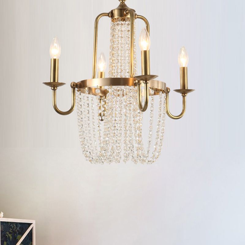 Scroll Frame Chandelier Traditional Copper 4 Lights Golden Hanging Ceiling Light with Crystal Tassel
