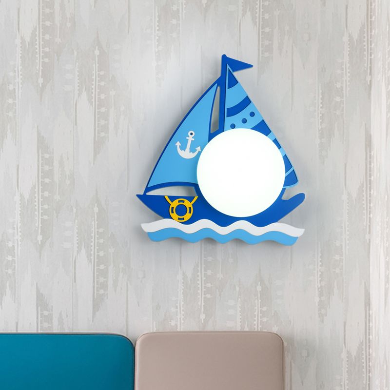 Blue Ship Wall Mounted Lighting Nautical LED Wood Wall Sconce with Dome Opaline Glass Shade in Warm/White Light