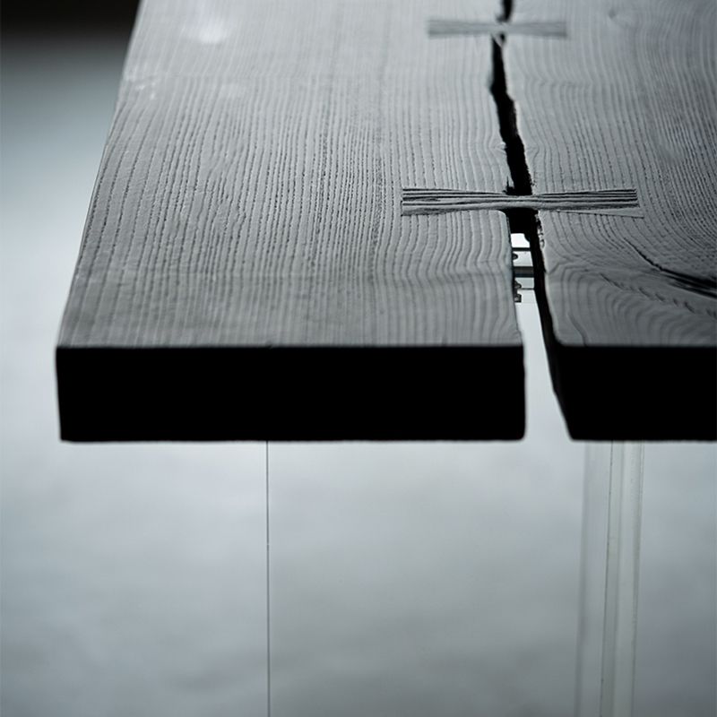 Black Ash Wood Top Bar Table with Acrylic Base Modern Pub Table with Double Pedestal