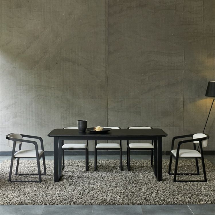 Rectangle Industrial Dining Table Black Ashwood Solid Wood Fixed Table