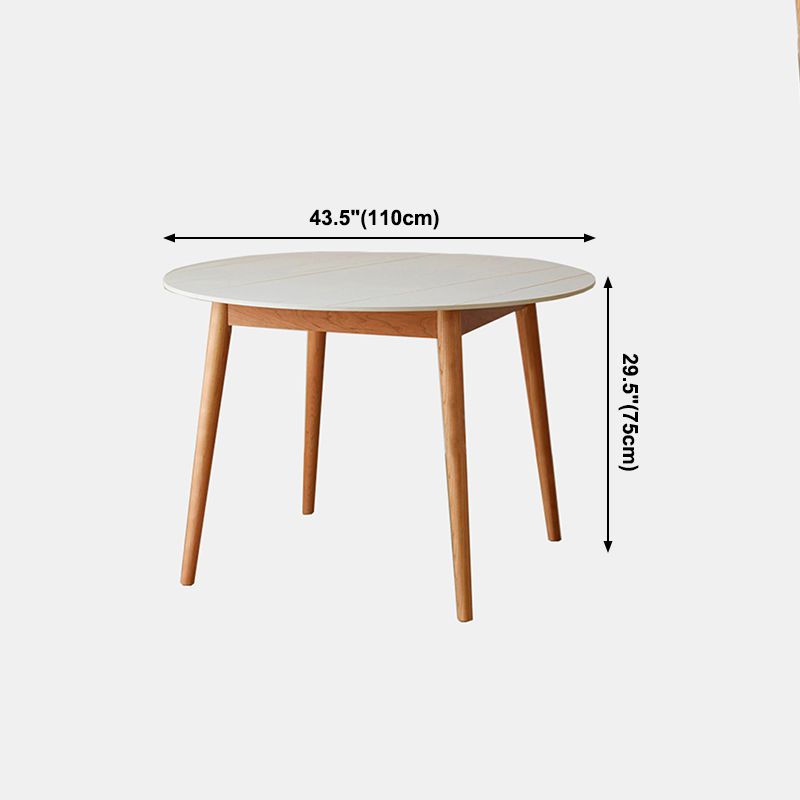 Contemporary Round Dining Table White Sintered Stone Table with 4 Cherry Wood Legs