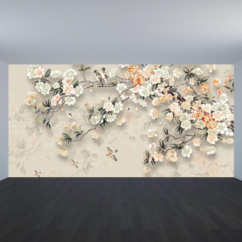Blossoming Flower Branch Mural Decal Beige Modern Style Wall Art for Girls Bedroom