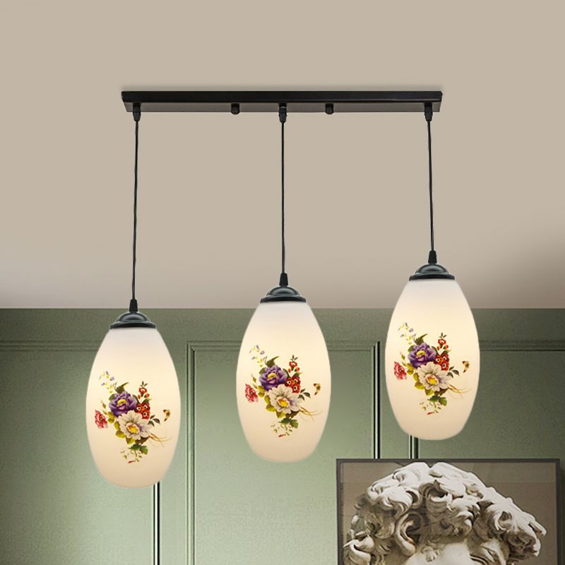 3 Lights Oval Multi-Pendant Modern Black Finish White Printed Glass Ceiling Hang Fixture with Round/Linear Canopy