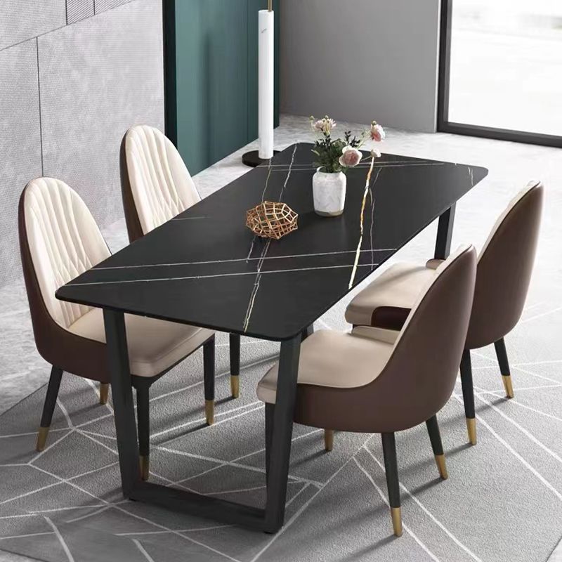 Rectangle Black Base Dining Table Modern Stone Double Pedestal Table
