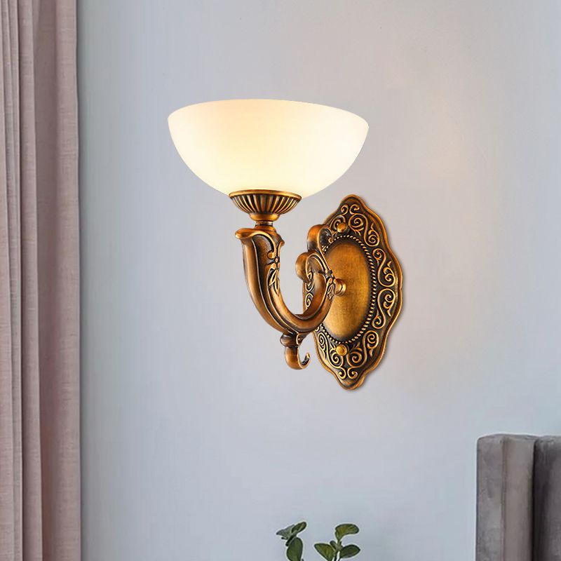Rustic Swooping Arm Wall Light Sconce 1/2-Light Metal Wall Lighting Ideas in Brass with Bowl Frosted Glass Shade