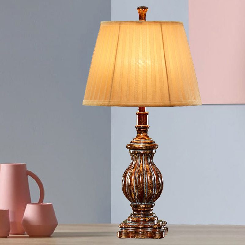 Antique Style Empire Shade Desk Light 1 Bulb Fabric Night Table Lamp in Brown with Resin Base