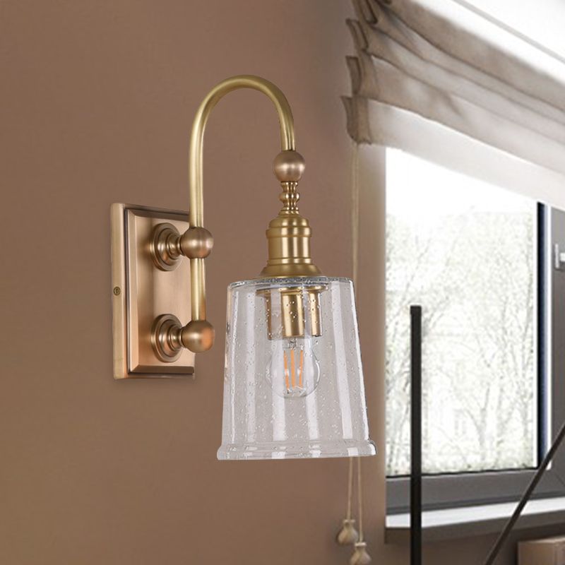 Conical Bathroom Sconce Light Colonial White/Clear Bubble Glass 1 Bulb Brass Wall Lamp with Metal Gooseneck Arm