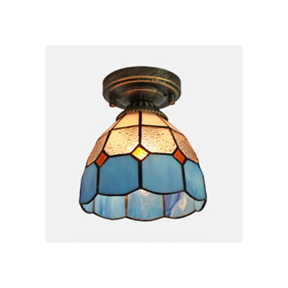 Dôme en vitrail luminaire avec triangle / bleu carré / feuille bleue / carré / diamant bleu / diamant Parlern 1 clair Méditerranéen Flushmount en laiton finition