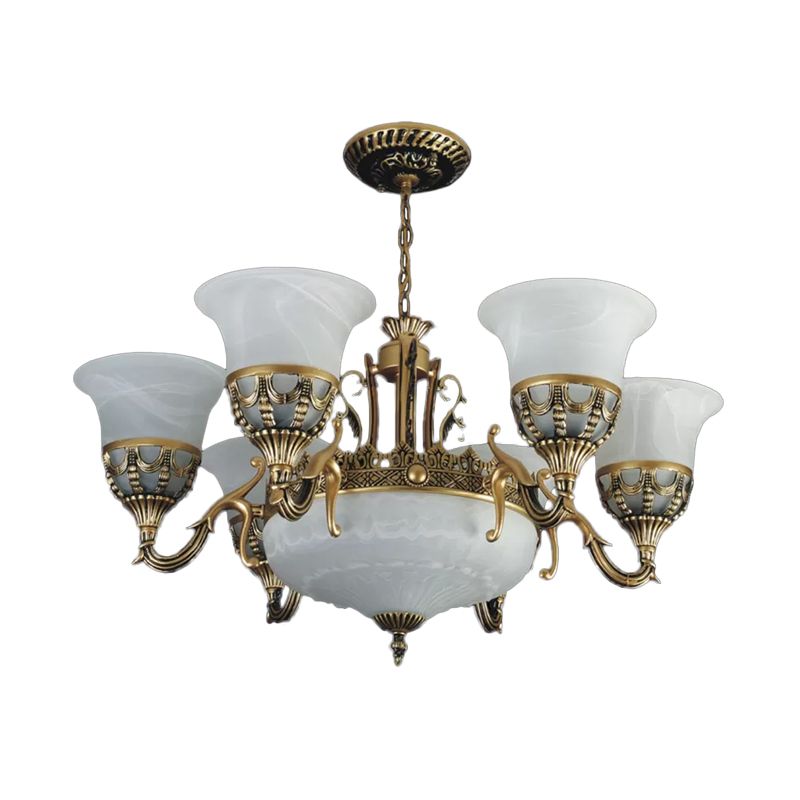Flared Shade Alabaster Glas Kronleuchter traditioneller 9 Köpfe Esszimmer Suspension Licht in Bronze