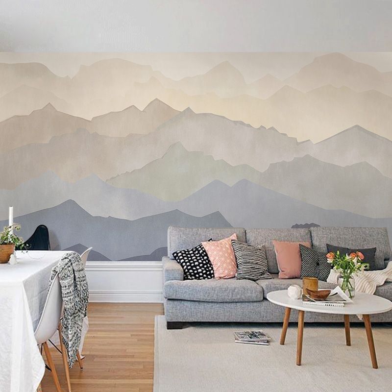 Extra Large Mountain Wall Art in Blue and Brown Non-Woven Fabric Mural Wallpaper for Home, Custom-Printed