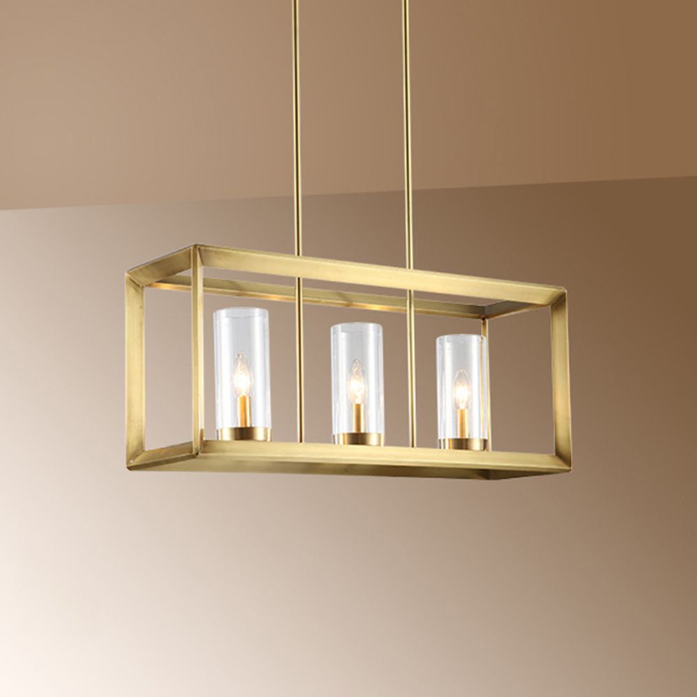 3/4 Bulbs Island Ceiling Light Colonial Cylindrical Clear Glass Suspension Lamp in Gold with Rectangle Metal Cage