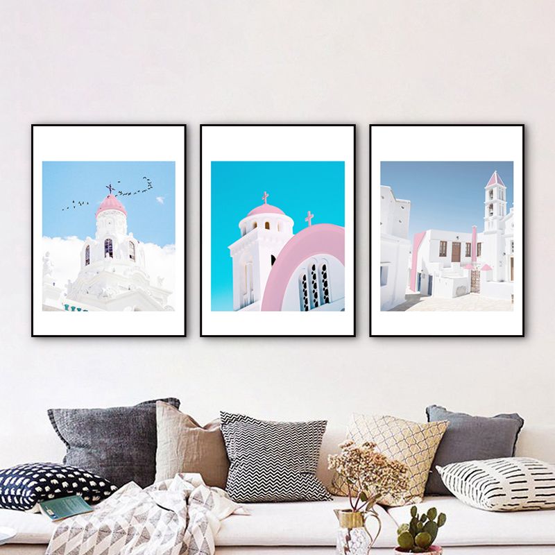 European Architecture Drawing Canvas Contemporary Textured Wall Art Set in Blue-White