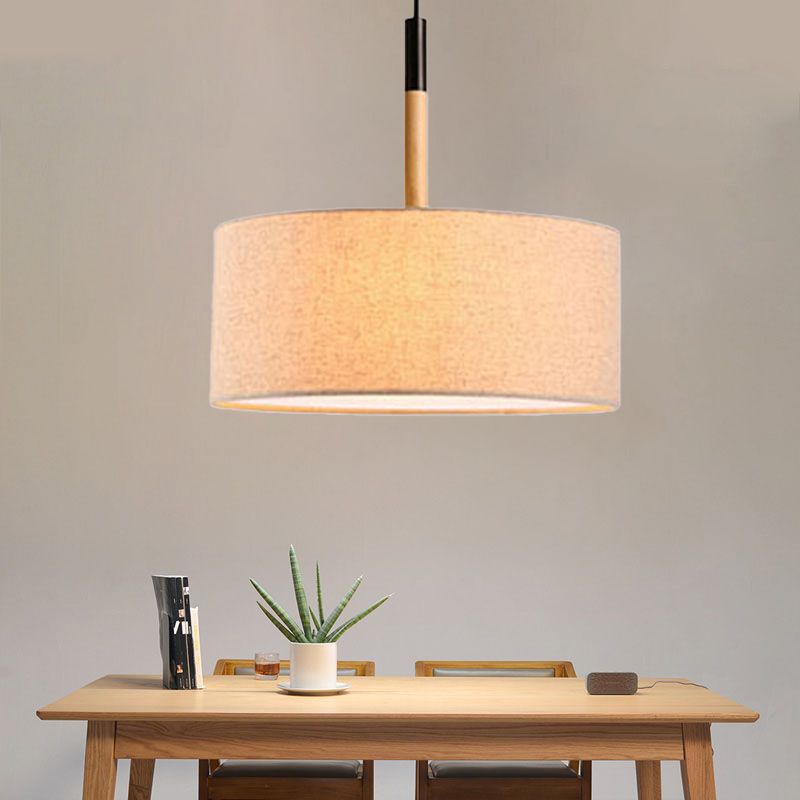 Modernism Cylinder Chandelier, Textile Shade, Wood And Metal Adjustable Chain