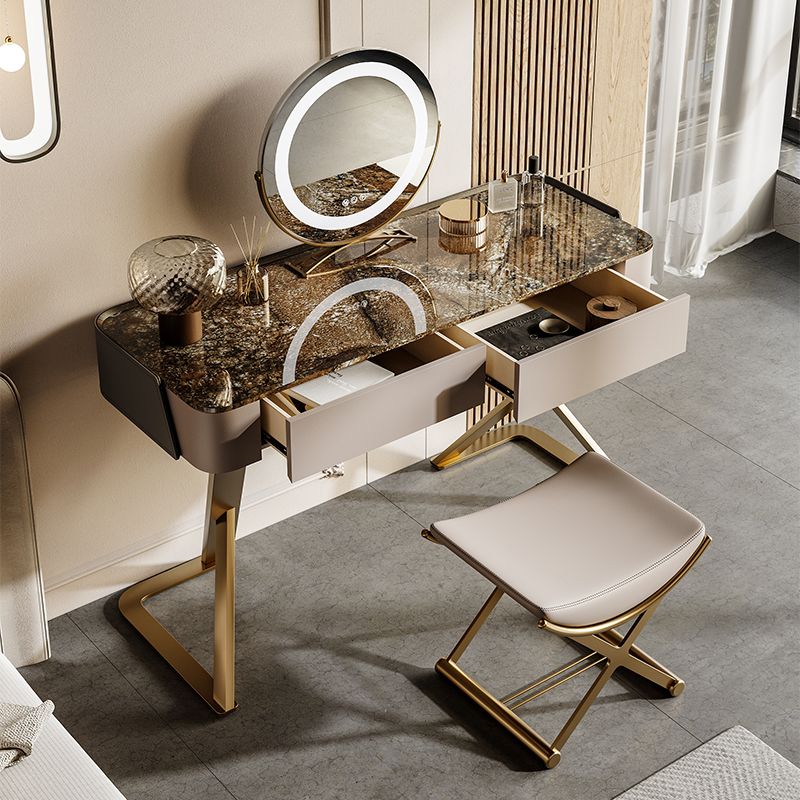 Slate Vanity Table 2-Drawer Stool Vanity Set with Lights Mirror