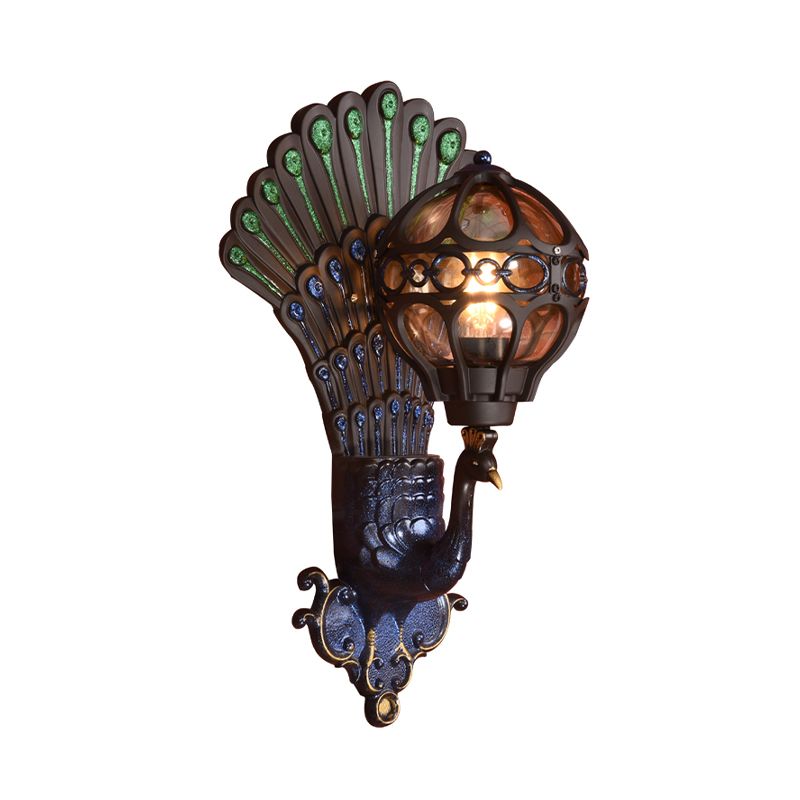 Lake Blue Globe Wall Light Fixture Industrial Metal 1 Light Hallway Wall Mount Sconce with Peacock Backplate