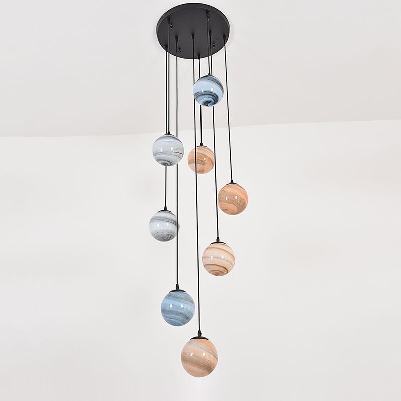 Planet Multi Light Pendant Modernism Textured Glass Stairs Suspension Lighting Fixture in Black