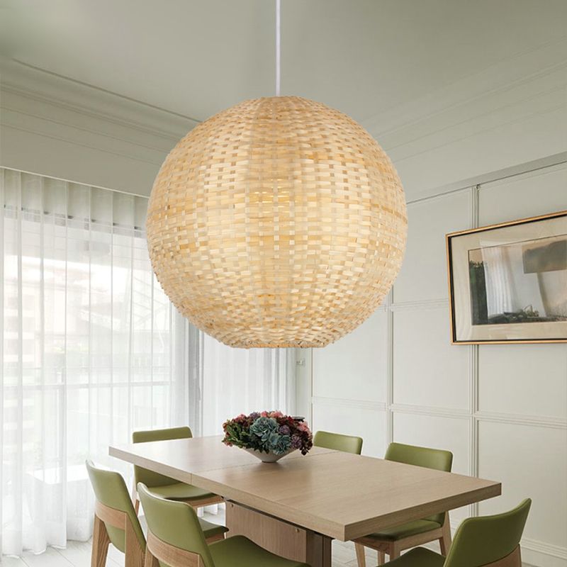 Sphere Suspension Pendant Contemporain Bamboo 1 Bulbe en bois Hanging Light Kit, 16 "/19,5" de large