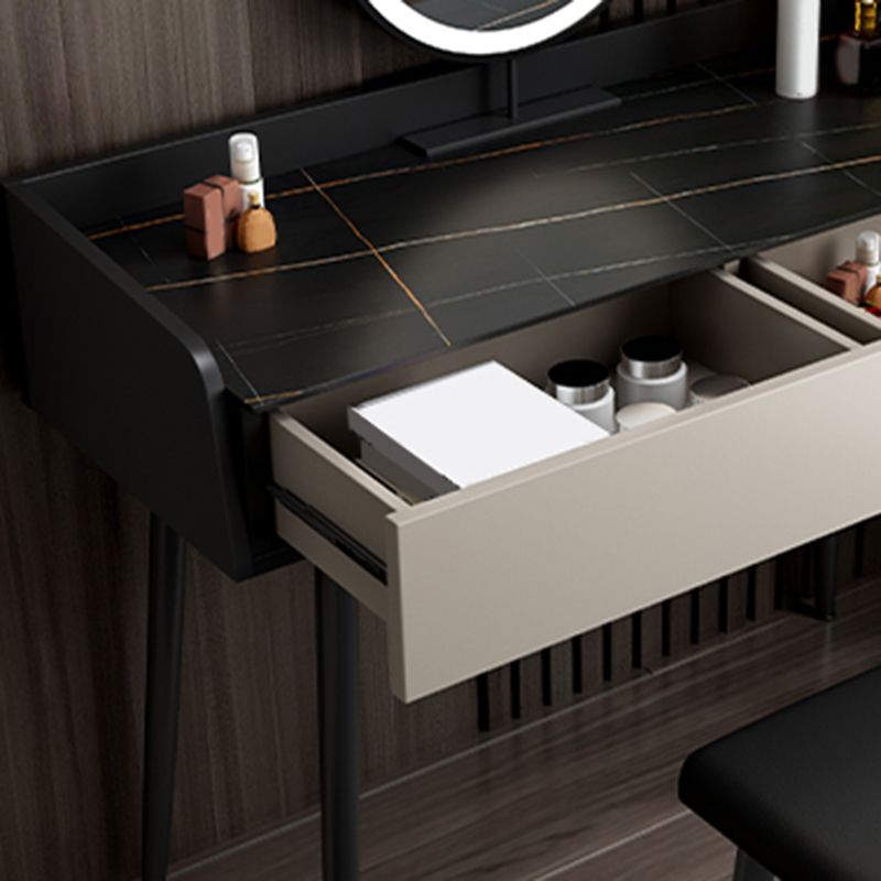 Black Stone Top Vanity Desk Contemporary 2 Drawers Dressing Table with Stool