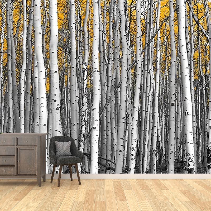 Big Photo Style Simple Mural for Home Decoration with Birch Tree Design in Grey and Yellow