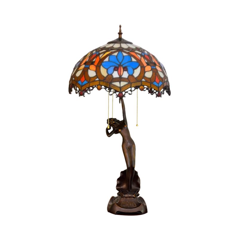 Resin Coffee Pull-Chain Night Stand Light Lady Statue 3-Light Tiffany Table Lamp with Parrot Blue-Brown/Trellis Yellow-White Glass Shade