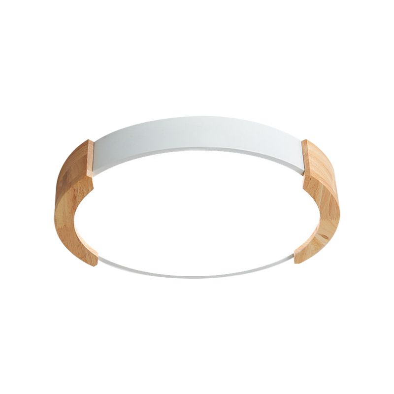 Iron Thin Round Flush Light Nordic Grey/White/Green Ceiling Mounted Fixture with Wood Side Guard for Bedroom