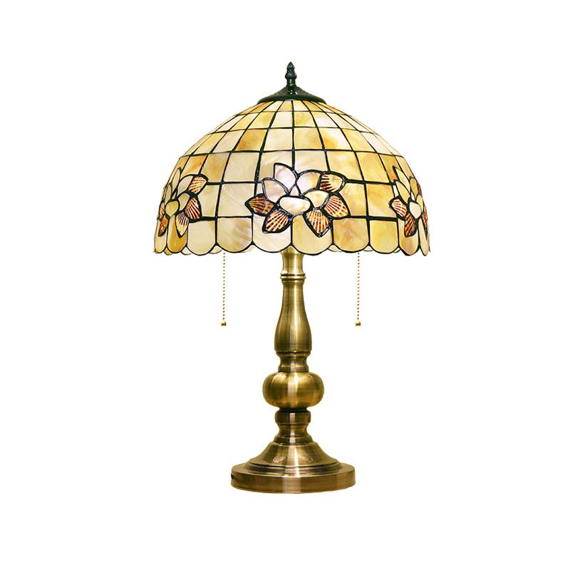 Lotus Blossom Gridded Tischleuchte 2-Licht-Schale Victorian Style Lampe mit Pull-Kette in gebürstetem Messing