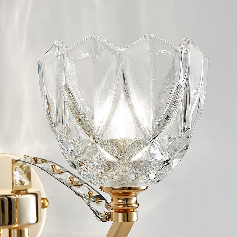 Flower Sconce Light Postmodern Clear Glass 1/2 Heads Gold Wall Mount Light with Crystal Accent