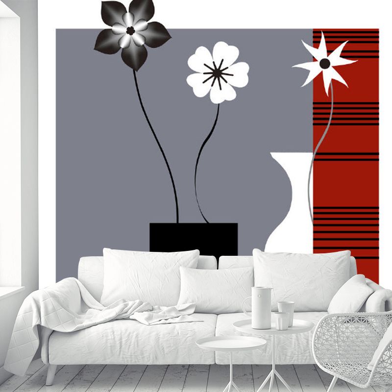 Red-Black Minimalist Wall Mural Decal Large Flower and Vase Pattern Wall Covering for Decor