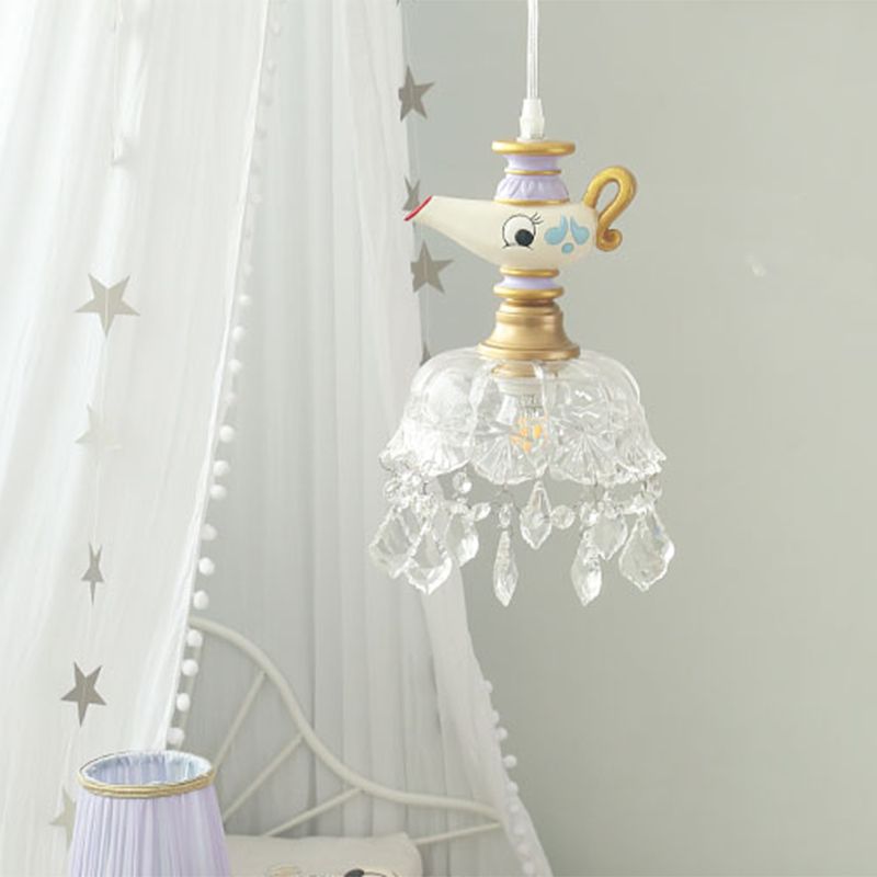 White Teapot Pendant Light Kids 1/4 Lights Clear Glass Hanging Ceiling Light for Bedroom