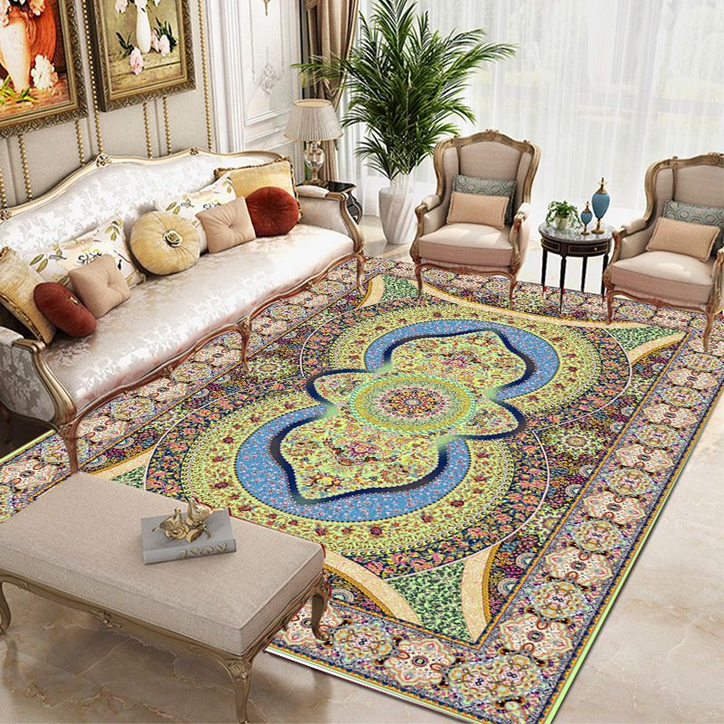 Tapis traditionnel vert Médaillon Médaillon Tapis lavable pour le salon