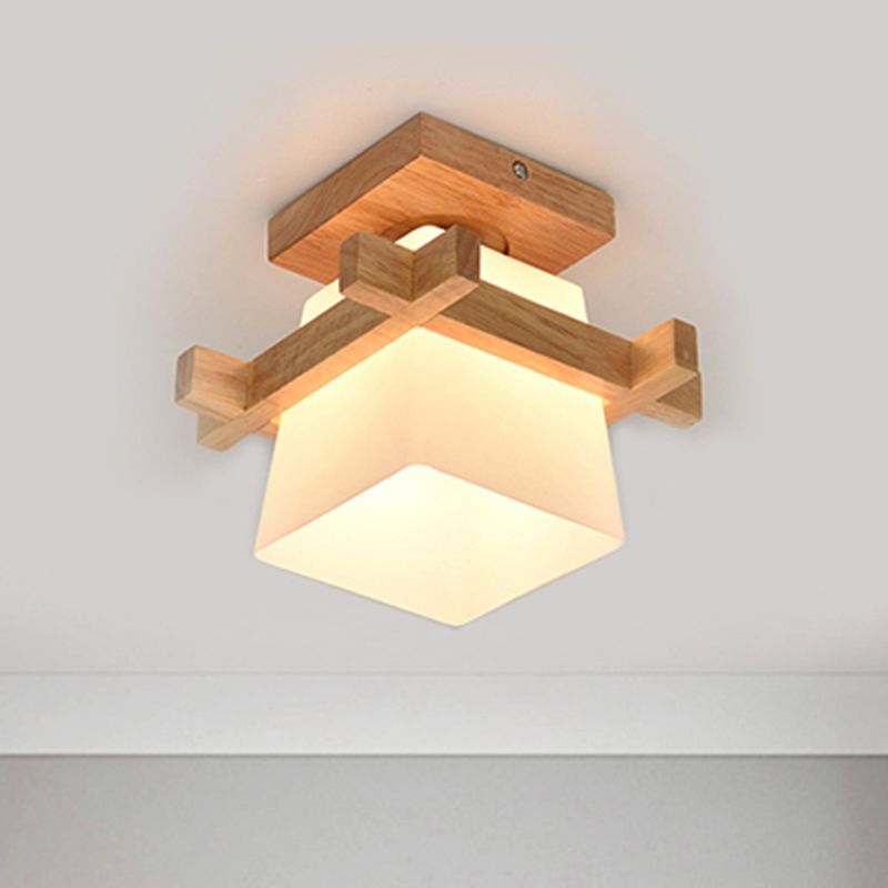 Opal Glass Trapezoid Pendant Light with Wood Deco 1 Head Japanese Style Ceiling Lamp in White for Bedroom