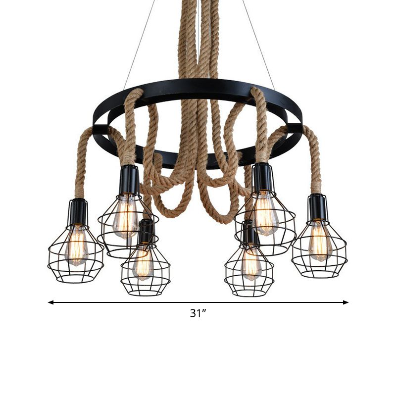 6 Bulbs Ceiling Chandelier Rustic Circular Iron Pendant Light with Hemp Rope and Cage in Brown for Restaurant