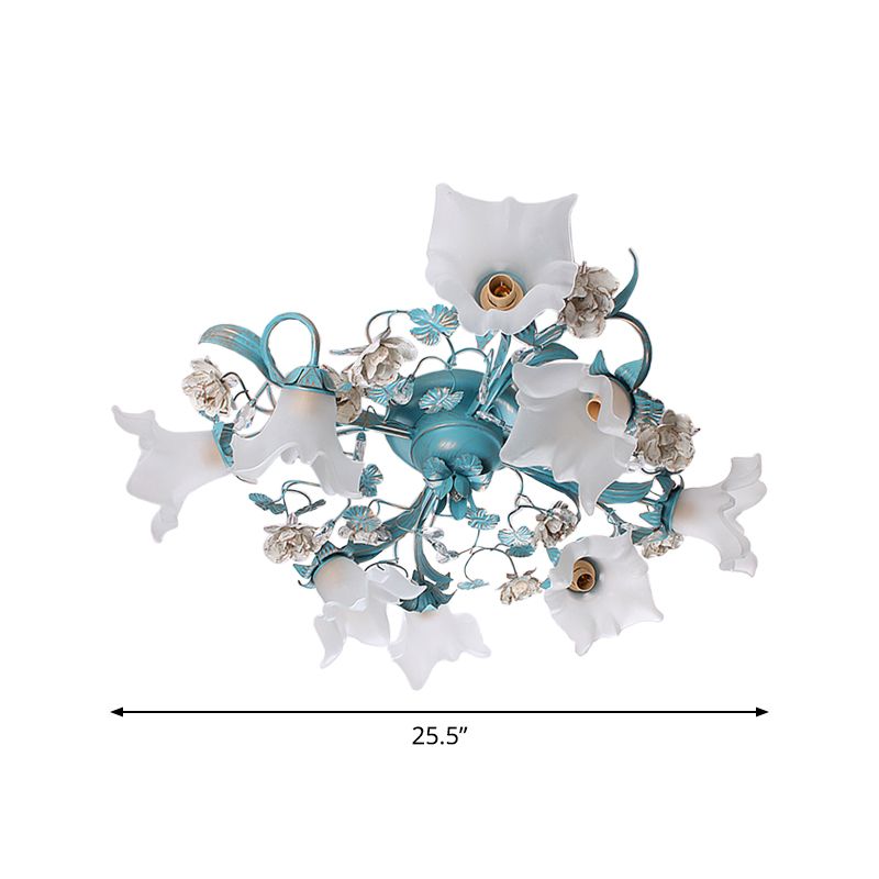 Blue 6/8 Bulbs Semi Flush Ceiling Light Pastoral Style Flower Frost White Glass Ceiling Lamp for Bedroom