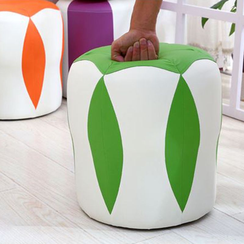 Modern Water Resistant Pouf Round Color Block Leather Indoor Pouf