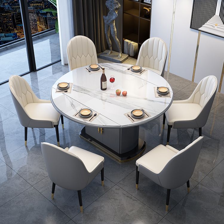 Contemporary Style Sintered Stone Dining Table with Self-Storing Leaf and Pedestal Base